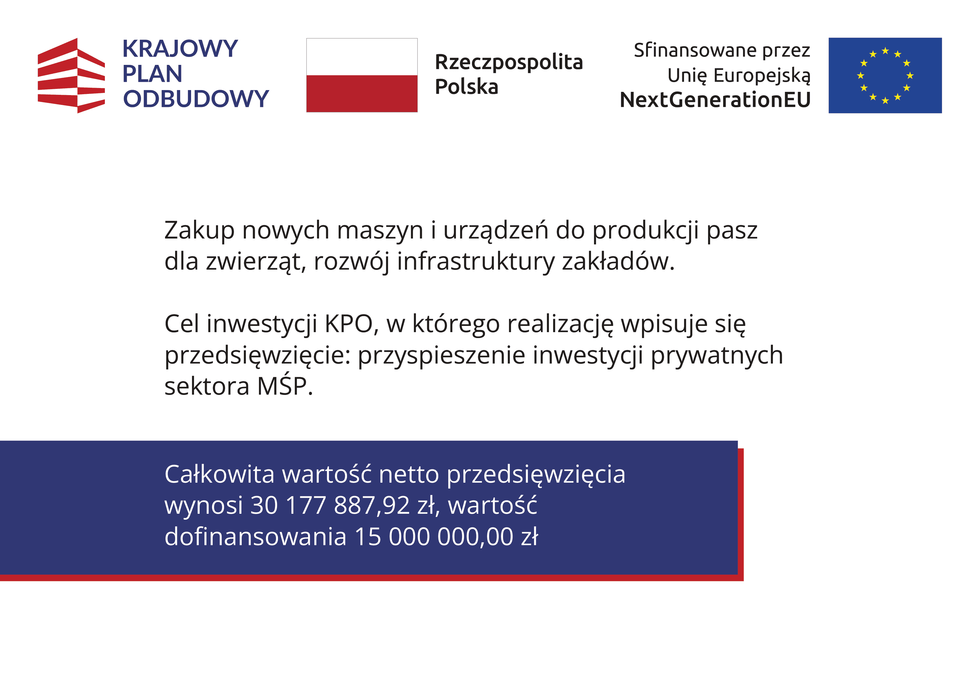 Całkowita wartość netto przedsięwzięcia wynosi 30 177 887,92 zł, wartość dofinansowania 15 000 000,00 zł Zakup nowych maszyn i urządzeń do produkcji pasz dla zwierząt, rozwój infrastruktury zakładów.