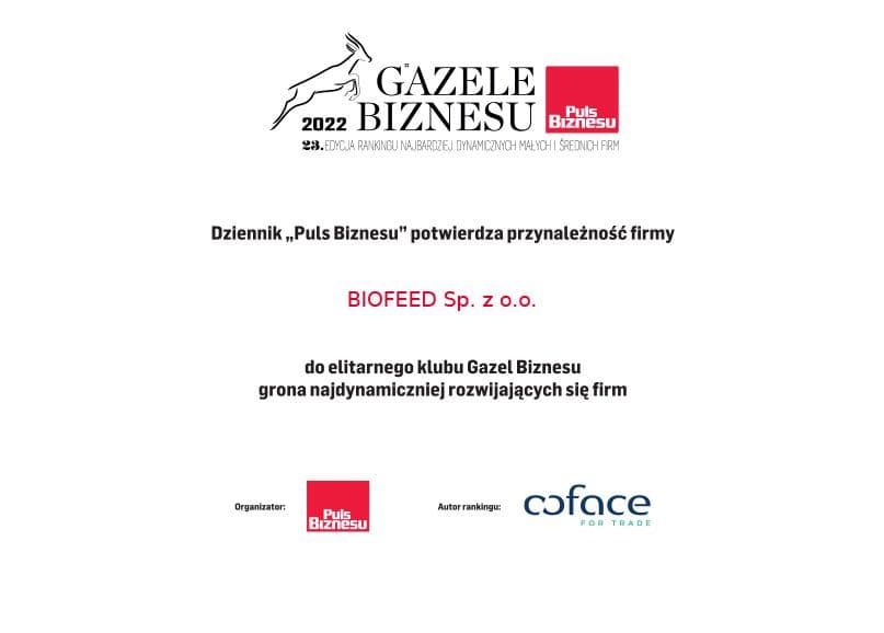 BIOFEED wyróżniony Gazelą Biznesu
